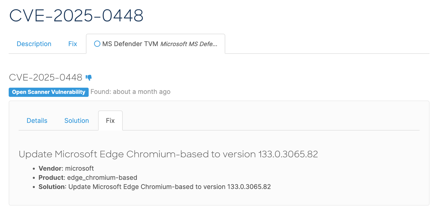 The fix sub-tab, which shows the scanner fixes that apply to this scanner vulnerability.